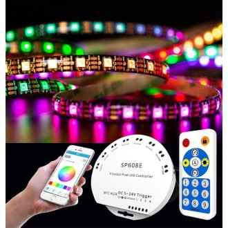 SP608E Dual Signal Output Mobile APP Control Bluetooth LED Controller Kit for WS2812B WS2811 1903 1804 Pixel LED Strip, DC5V~24V