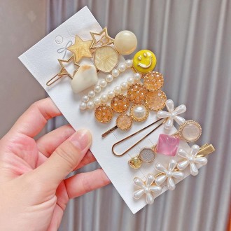 8PCS/Set Yellow Alloy Colorful Hairpin Headgear Pearl Rhinestone Clip Set