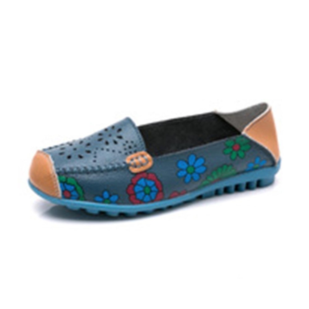 Flower Hollow Casual Peas Shoes for Women (Color:Dark Blue Size:40)