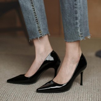 Women Autumn Patent Leather Shoes Pointed Toe High Heels Pumps, Size: 39(Black  7 cm)