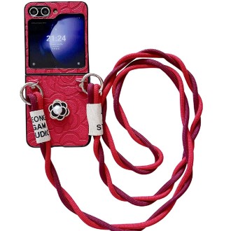 For Samsung Galaxy Z Flip4 5G Impression Camellia Pattern Protective Phone Case with Long Lanyard(Red)