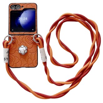 For Samsung Galaxy Z Flip4 5G Impression Camellia Pattern Protective Phone Case with Long Lanyard(Orange)