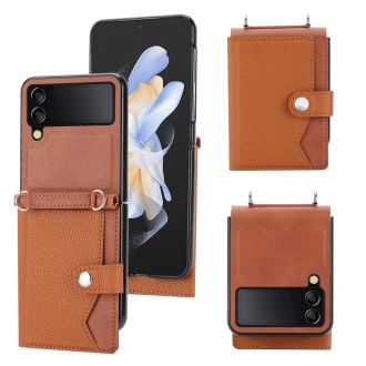 For Samsung Galaxy Z Flip4 5G Litchi Pattern Single Button Card Holder Phone Case with Long Lanyard(Brown)