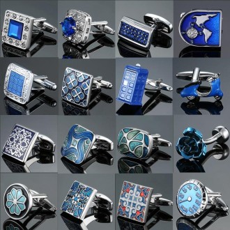 Men Shirt Cufflinks Blue Series Enamel Crystal Vintage Pattern Cufflinks, Color: 11