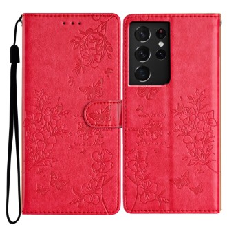 For Samsung Galaxy S21 Ultra 5G Butterflies and Flowers Leather Phone Case(Red)