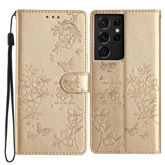 For Samsung Galaxy S21 Ultra 5G Butterflies and Flowers Leather Phone Case(Gold)