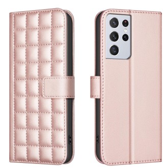 For Samsung Galaxy S21 Ultra 5G Square Texture Leather Phone Case(Rose Gold)