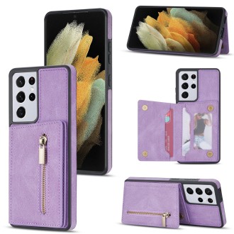 For Samsung Galaxy S21 Ultra 5G Zipper Card Holder Phone Case(Purple)