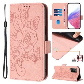 For Samsung Galaxy Note20 Embossed Rose RFID Anti-theft Leather Phone Case(Pink)