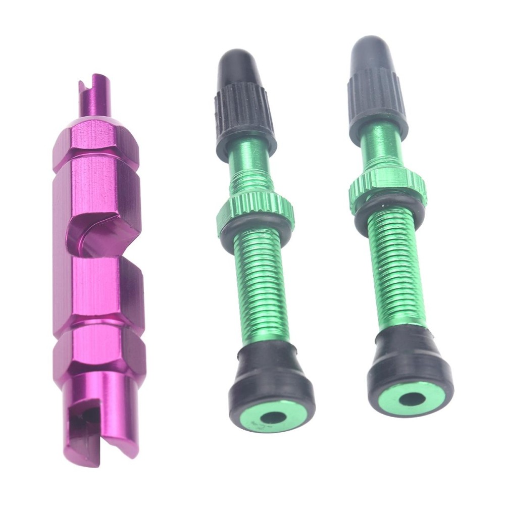 A5598 2 PCS 40mm Green French Tubeless Valve Core with Purple Disassembly Tool for Road Bike