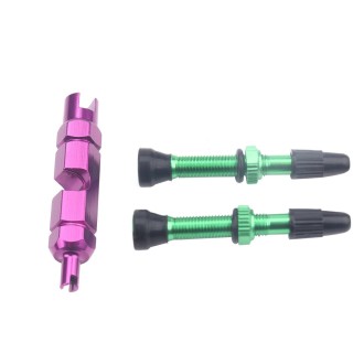 A5598 2 PCS 40mm Green French Tubeless Valve Core with Purple Disassembly Tool for Road Bike