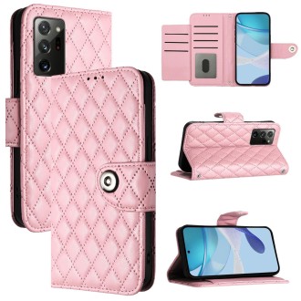 For Samsung Galaxy Note20 Rhombic Texture Flip Leather Phone Case with Lanyard(Pink)