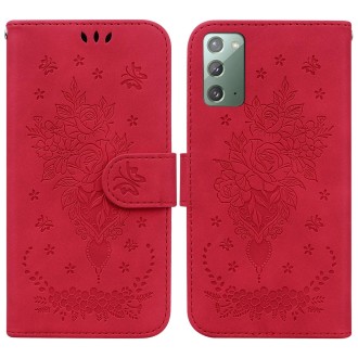 For Samsung Galaxy Note20 Butterfly Rose Embossed Leather Phone Case(Red)