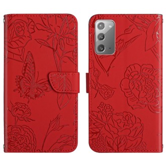 For Samsung Galaxy Note20 Skin Feel Butterfly Peony Embossed Leather Phone Case(Red)