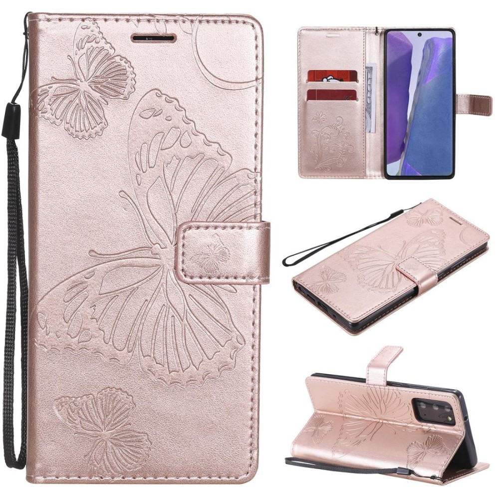 For Samsung Galaxy Note20 3D Butterflies Embossing Pattern Horizontal Flip Leather Case with Holder & Card Slot & Wallet(Rose Go