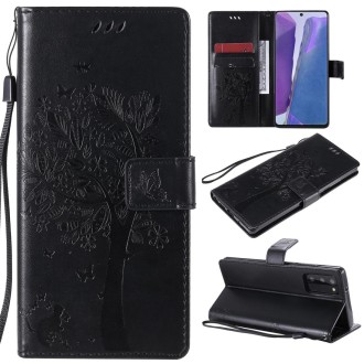 For Samsung Galaxy Note20 Tree & Cat Pattern Pressed Printing Horizontal Flip PU Leather Case with Holder & Card Slots & Wallet 