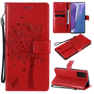 For Samsung Galaxy Note20 Tree & Cat Pattern Pressed Printing Horizontal Flip PU Leather Case with Holder & Card Slots & Wallet 