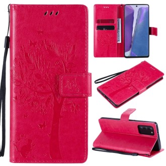 For Samsung Galaxy Note20 Tree & Cat Pattern Pressed Printing Horizontal Flip PU Leather Case with Holder & Card Slots & Wallet 