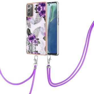 For Samsung Galaxy Note20 Electroplating IMD TPU Phone Case with Lanyard(Purple Flower)