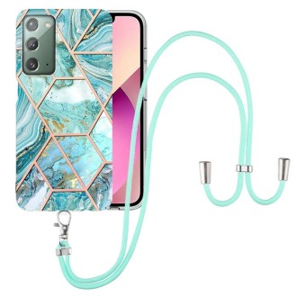 For Samsung Galaxy Note20 Electroplating Splicing Marble TPU Phone Case with Lanyard(Blue)