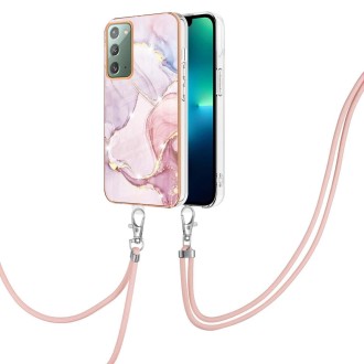 For Samsung Galaxy Note20 Electroplating Marble IMD TPU Phone Case with Lanyard(Rose Gold 005)