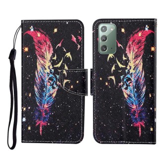 For Samsung Galaxy Note20 Colored Drawing Pattern Horizontal Flip Leather Case with Holder & Card Slots & Wallet & Lanyard(Feath