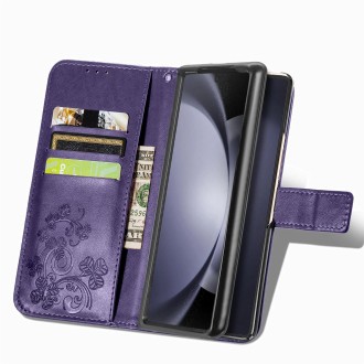 For Samsung Galaxy Z Fold5 Four-leaf Clasp Embossed Buckle Leather Phone Case(Purple)