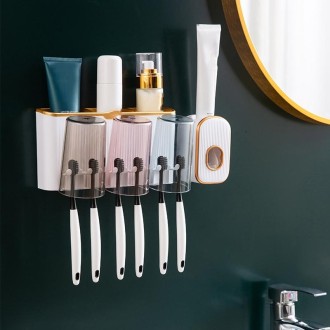 Bathroom Wall-mounted Punch-free Wash Cup Toothbrush Rack Squeeze Toothpaste Set Three Golden(With Squeezer)