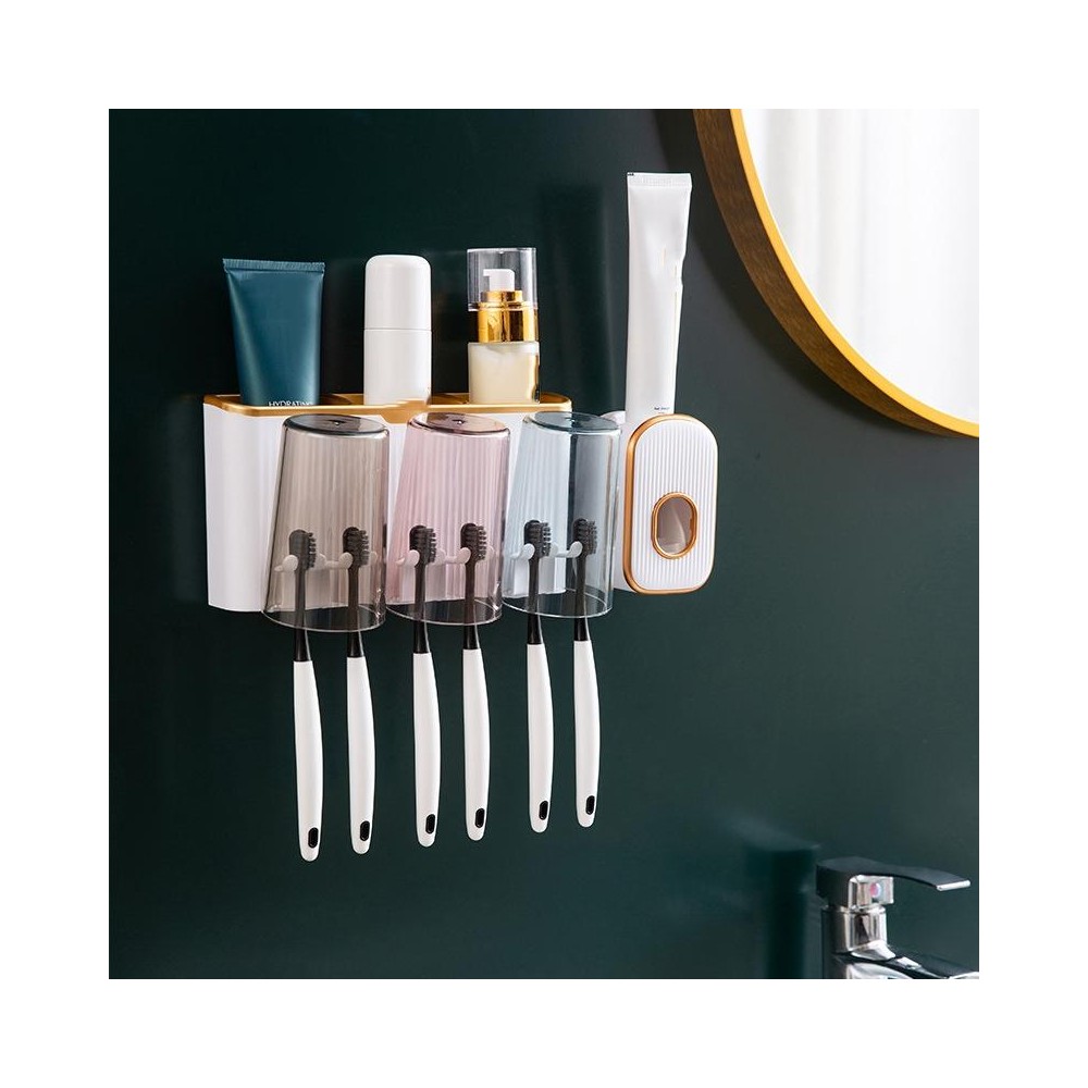 Bathroom Wall-mounted Punch-free Wash Cup Toothbrush Rack Squeeze Toothpaste Set Three Golden(With Squeezer)