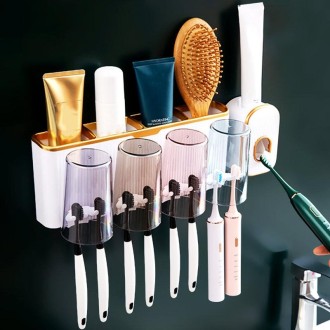 Bathroom Wall-mounted Punch-free Wash Cup Toothbrush Rack Squeeze Toothpaste Set Three Golden(With Squeezer)