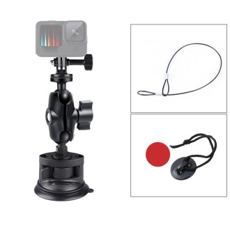 Single Suction Cup Mount Holder with Tripod Adapter & Steel Tether & Safety Buckle (Black)