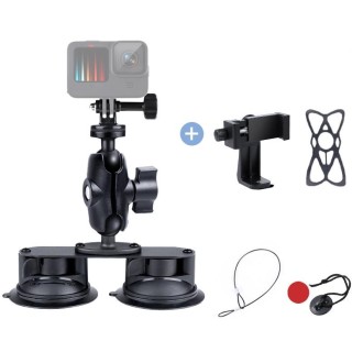 Dual Suction Cup Mount Holder with Tripod Adapter & Screw & Phone Clamp & Anti-lost Silicone Net for for GoPro Hero12 Black / He