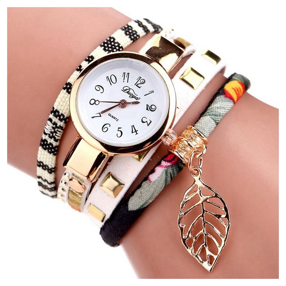 Ladies Quartz Bracelet Watch with Leaf Shape Pendant(White)