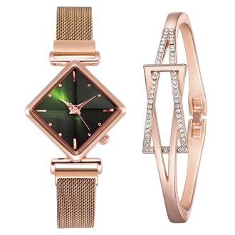 Ladies Diamond Dial Quartz Watch, Colour: Rose Gold Green + Bracelet