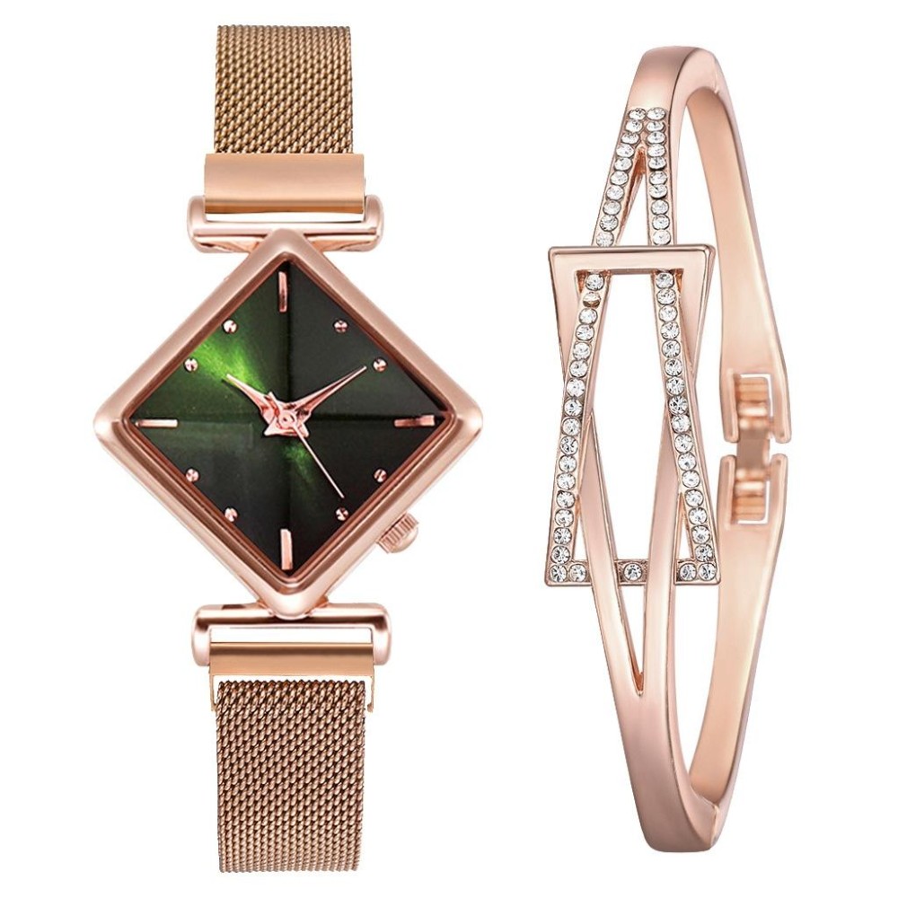 Ladies Diamond Dial Quartz Watch, Colour: Rose Gold Green + Bracelet