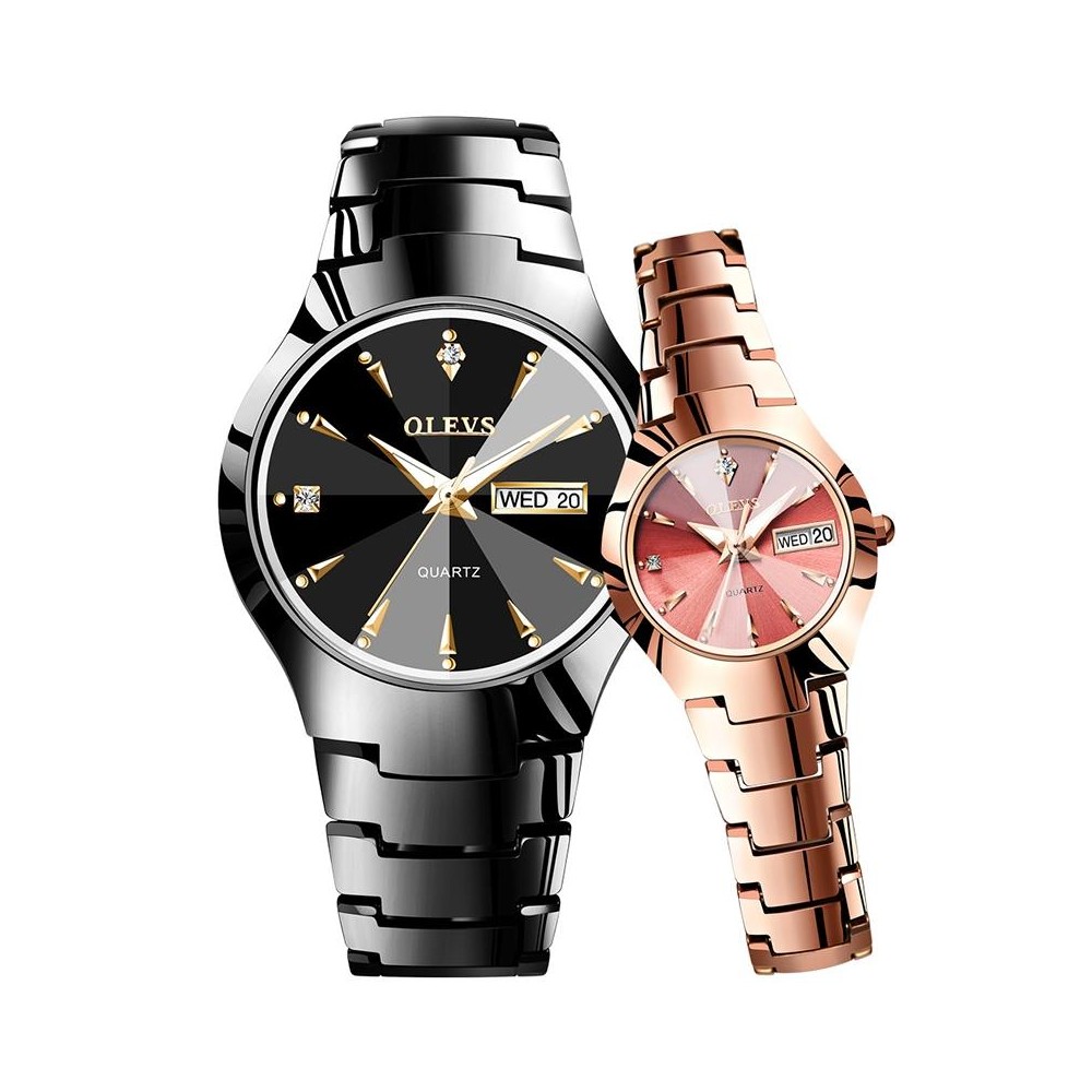 1 Pair OLEVS 8697 Couple Fashion Waterproof Luminous Quartz Watch(Black + Rose Gold)