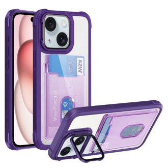 For iPhone 15 Card Bag Holder Acrylic Hybrid TPU Phone Case(Purple)