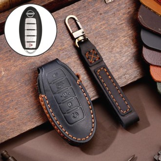 For Nissan 5-button Horn Hallmo Car Cowhide Leather Key Protective Cover Key Case(Black)