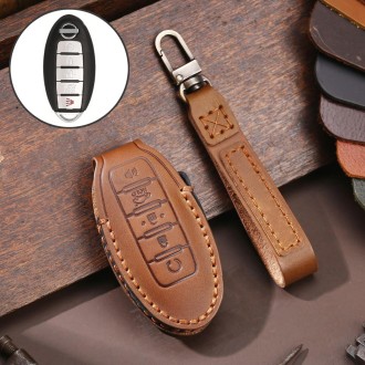 For Nissan 5-button Horn Hallmo Car Cowhide Leather Key Protective Cover Key Case(Brown)