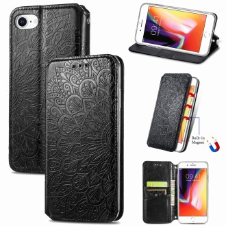 For iPhone SE 2022 / SE 2020 / 8 / 7 Blooming Mandala Embossed Pattern Magnetic Horizontal Flip Leather Case with Holder & Card 