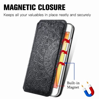 For iPhone SE 2022 / SE 2020 / 8 / 7 Blooming Mandala Embossed Pattern Magnetic Horizontal Flip Leather Case with Holder & Card 