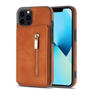 For iPhone 13 Pro Zipper Card Holder Phone Case (Brown)