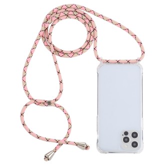 For iPhone 13 Pro Max Transparent Acrylic Airbag Shockproof Phone Protective Case with Lanyard (Pink Apricot Coffee)