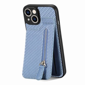 For iPhone 14 Pro Max Carbon Fiber Vertical Flip Zipper Phone Case(Blue)