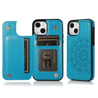 For iPhone 14 Plus Double Buckle Mandala Leather Wallet Back Cover Phone Case(Blue)