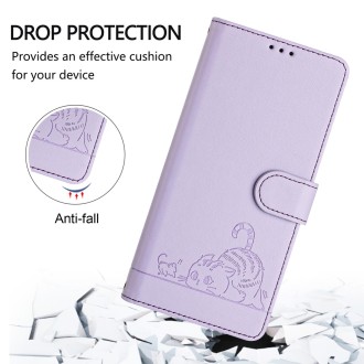 For Xiaomi 14 Pro 5G Cat Rat Embossed Pattern RFID Leather Phone Case with Lanyard(Purple)