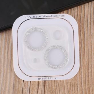 For iPhone 14 / 14 Plus 50pcs Tempered Glass Glitter CD Texture Back Camera Film(Silver)