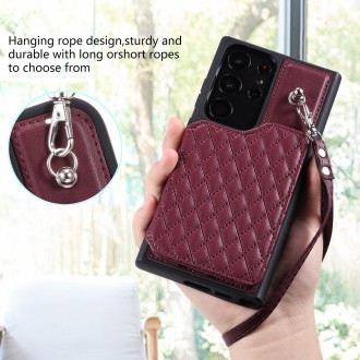 For Samsung Galaxy S23 Ultra 5G Grid Texture Card Bag Phone Case with Lanyard(Red)