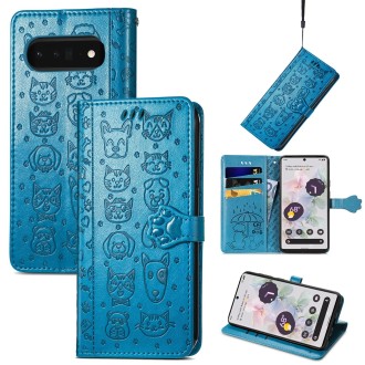 For Google Pixel 6 Pro Cat and Dog Embossed Leather Phone Case(Blue)