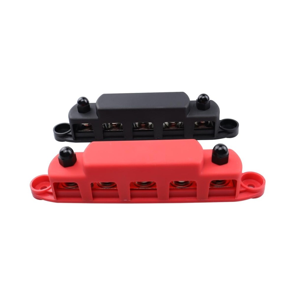 CP-4123 1 Pair RV Yacht M8 Single Row 5-way Power Distribution Block Busbar with Cover(Black + Red)